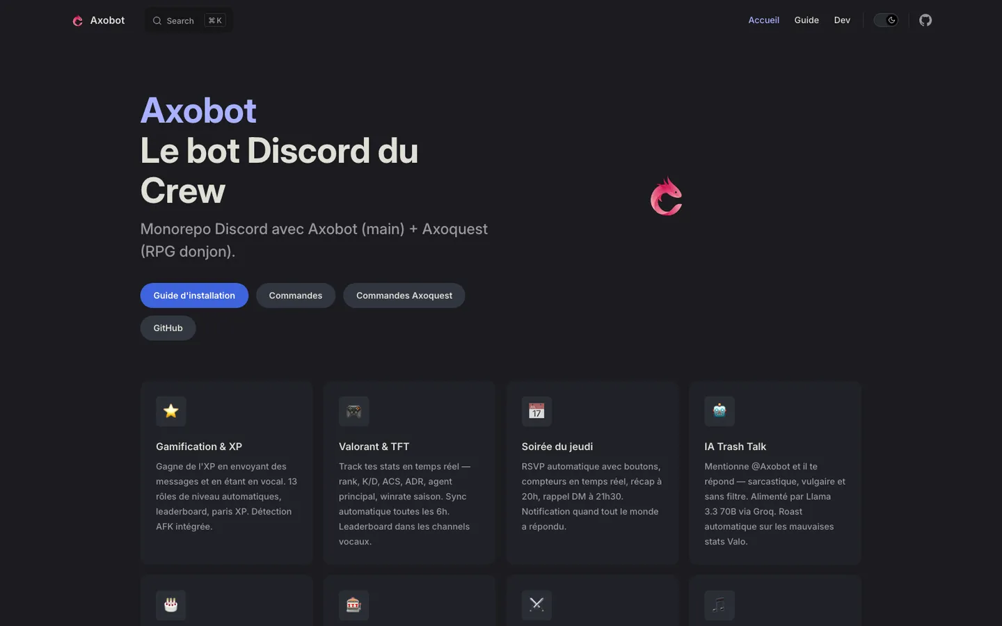 Page d’accueil de la documentation d’Axobot listant ses modules.