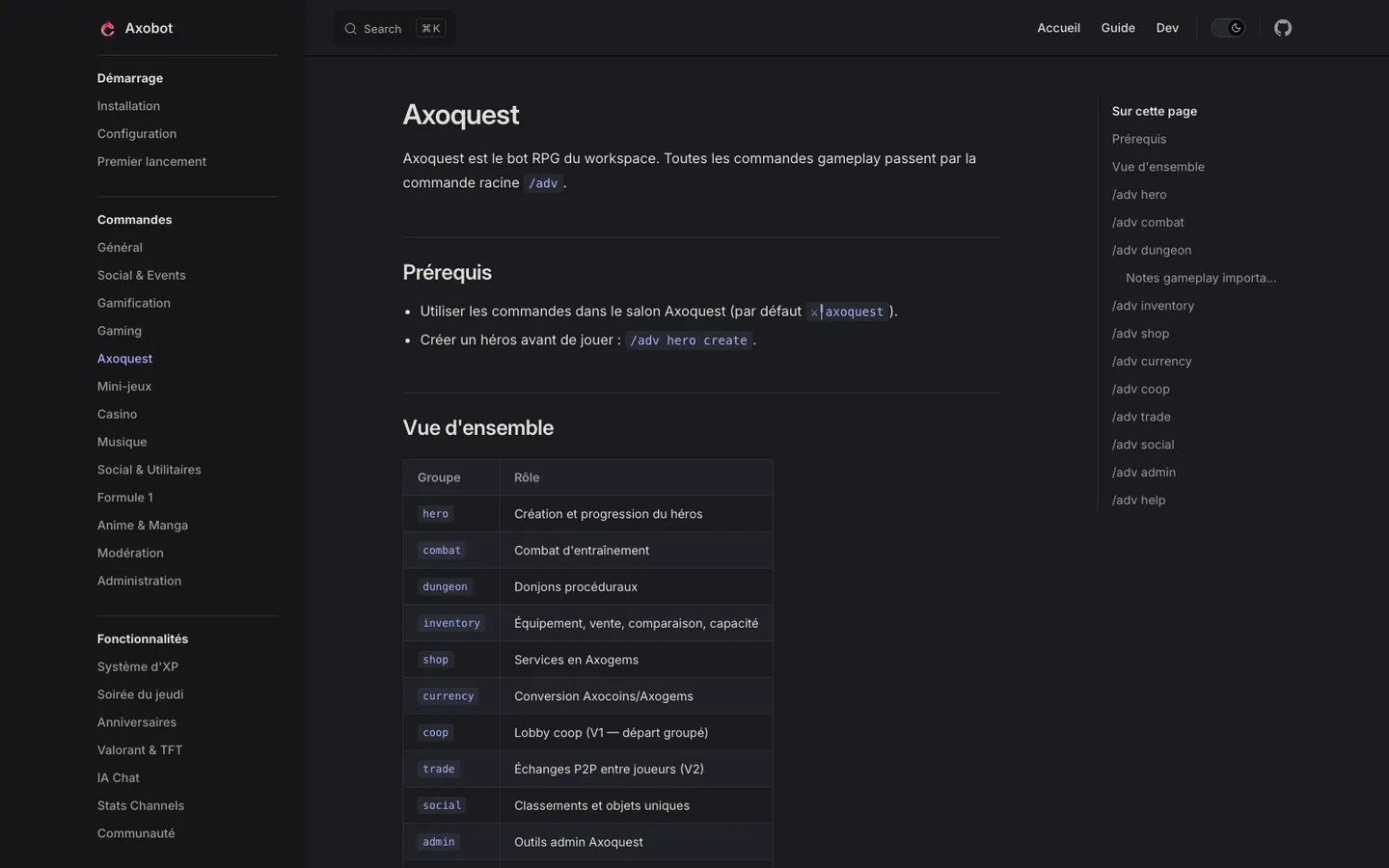 Documentation d’Axobot : référence des commandes, avec sommaire latéral.