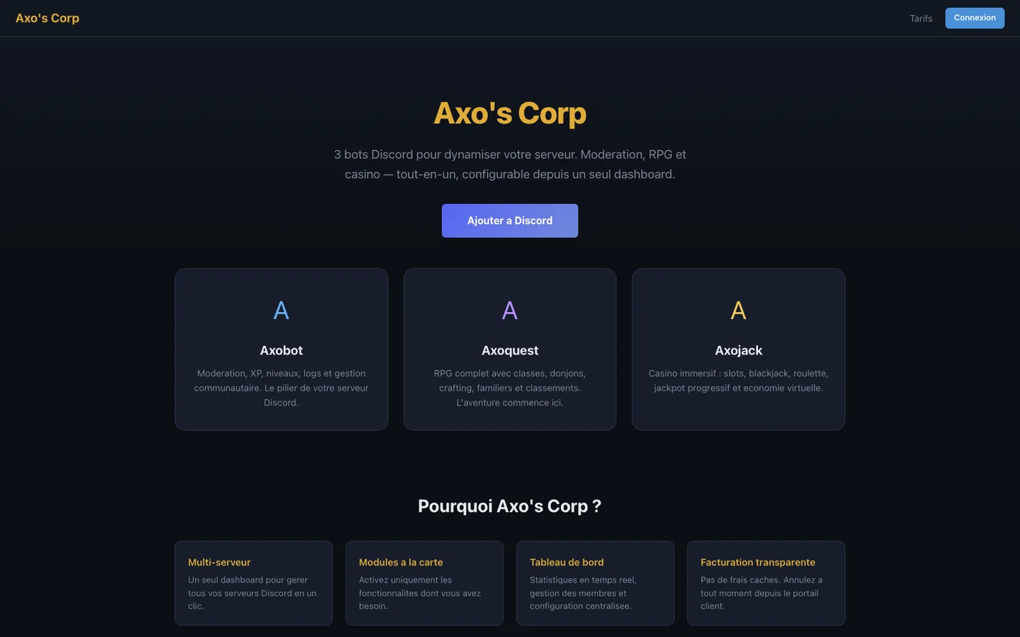 Page d’accueil d’Axo's Corp présentant les trois bots Axobot, Axoquest et Axojack.