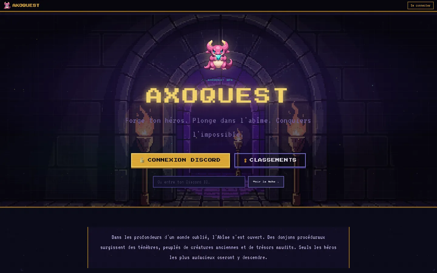 Écran d’accueil de l’application web Axoquest, en pixel art.