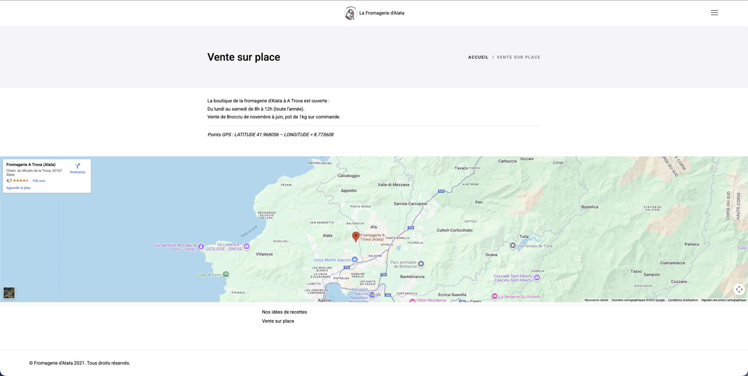 Page de contact de la Fromagerie d’Alata.