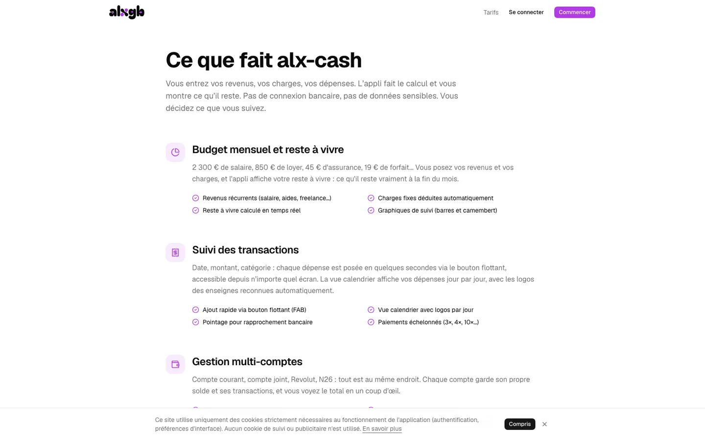 Page des fonctionnalités de jibu : budget mensuel, suivi des transactions, gestion multi-comptes.