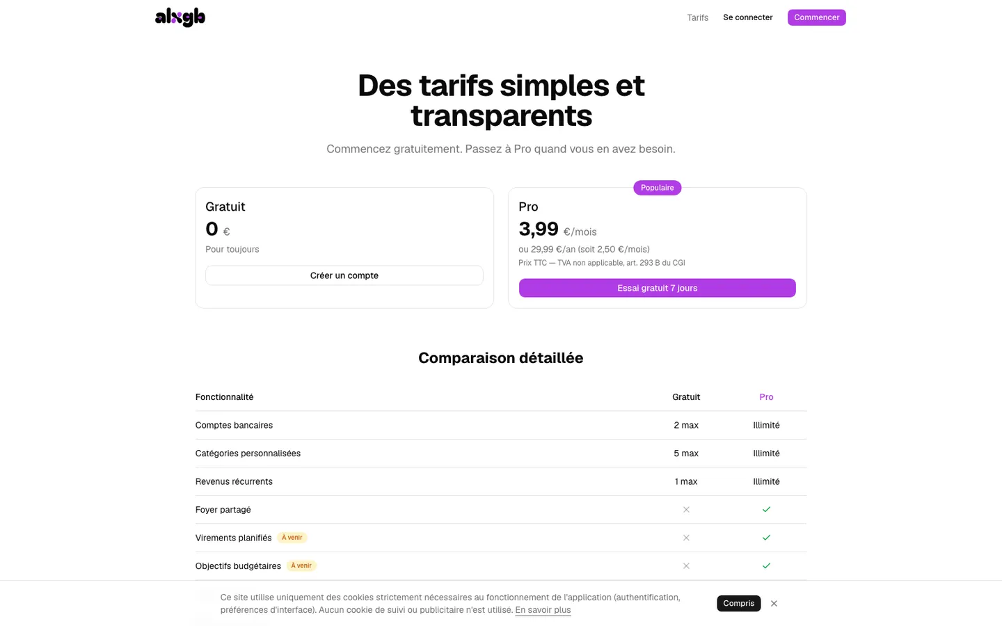 Page des tarifs de jibu.