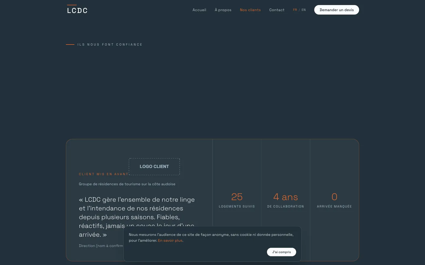 Page « Nos clients » du site LCDC avec témoignage et chiffres clés.