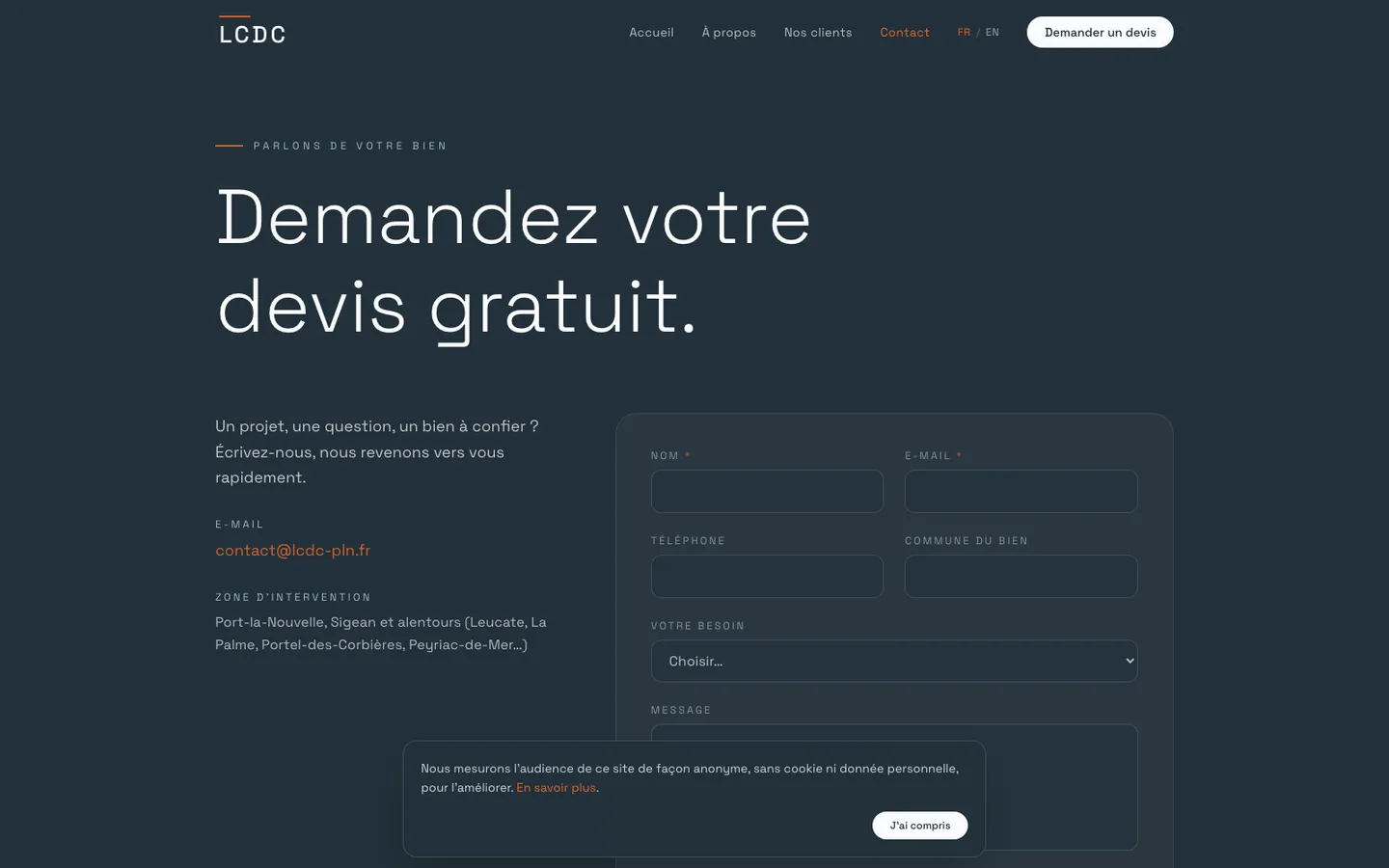 Page de demande de devis du site LCDC.